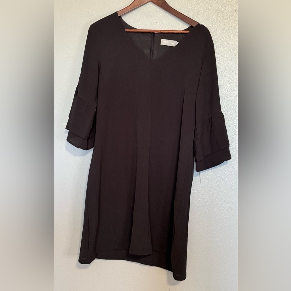 Belongsci Women's Shift Dress Flare Sleeve Back Zip V-Neck Black Size L